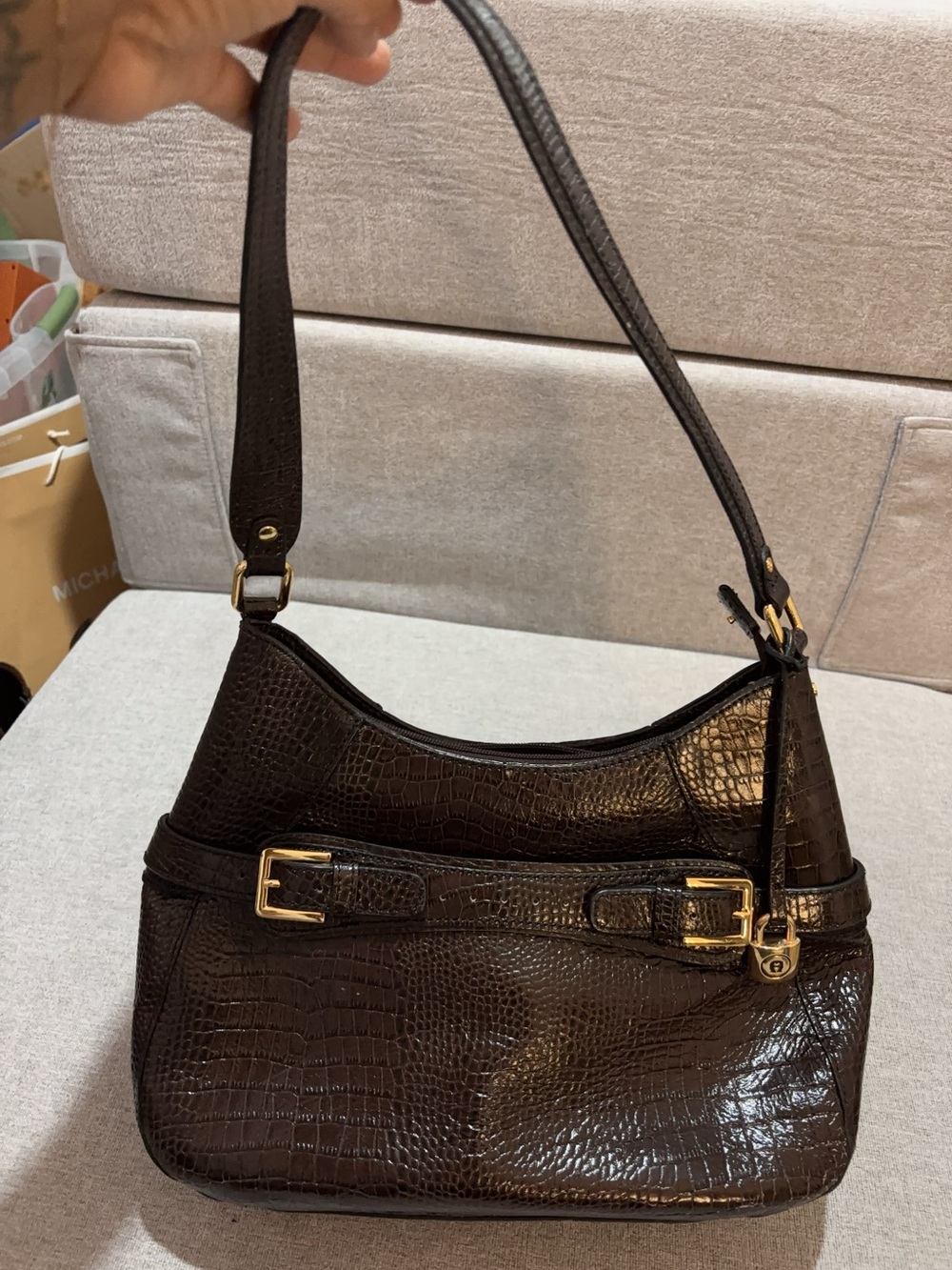 Etienne Aigner Dark Brown Croc-Embossed Shoulder Bag with Gold Hardware
